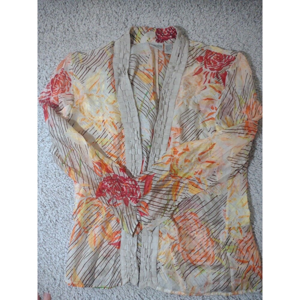 Chicos Sz 2 Silk Open Front Sheer Floral Long Sleeve Blouse Artsy Nature Preppy